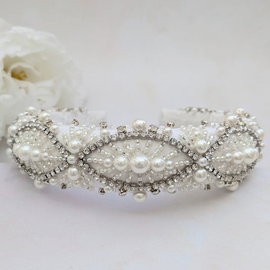 Statement beaded 1920s inspired headband for brides designed & handmade by Susie Warner.