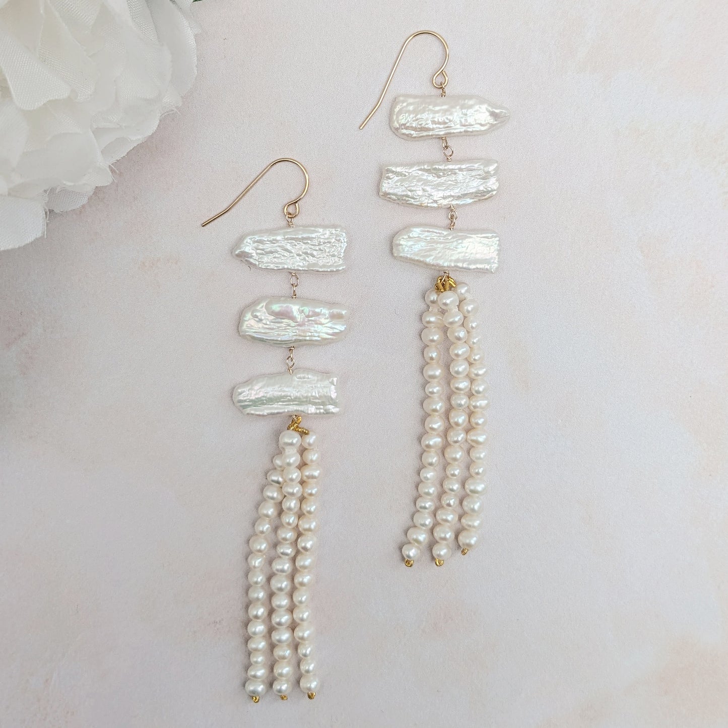 Statement Biwa pearl tassel drop earrings for brides designed & handmade by Susie Warner.