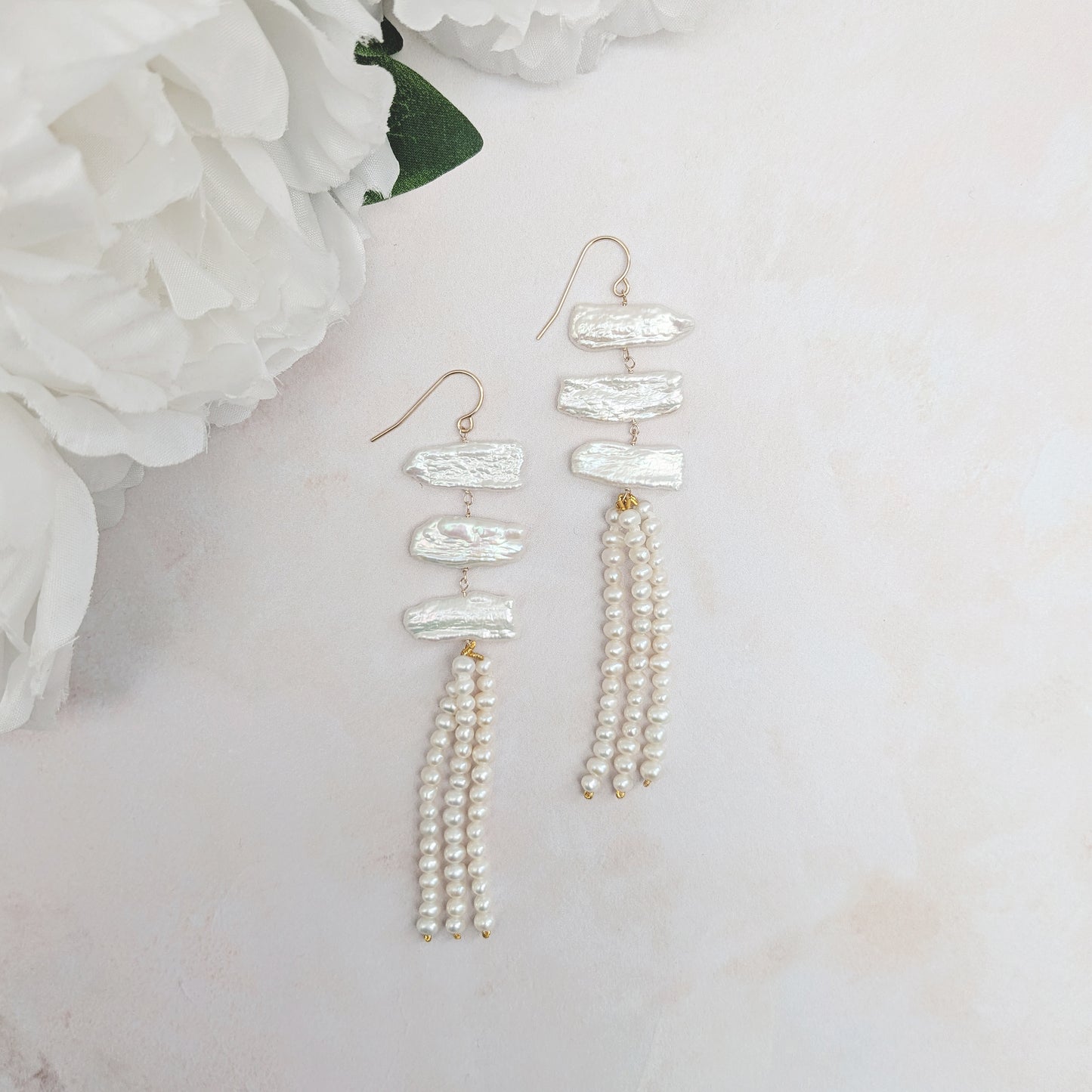 Statement Biwa pearl earrings for brides designed & handmade by Susie Warner.