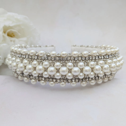 Statement pearl & crystal beaded 1920s Art Deco inspired headband for brides designed & handmade by Susie Warner.