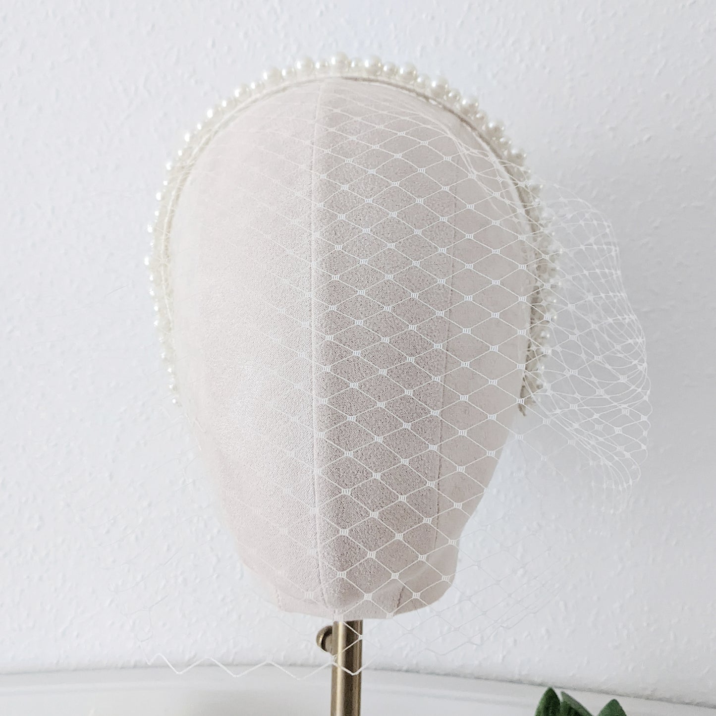 Modern birdcage veil with pearl headband designed & handmade by Susie Warner.