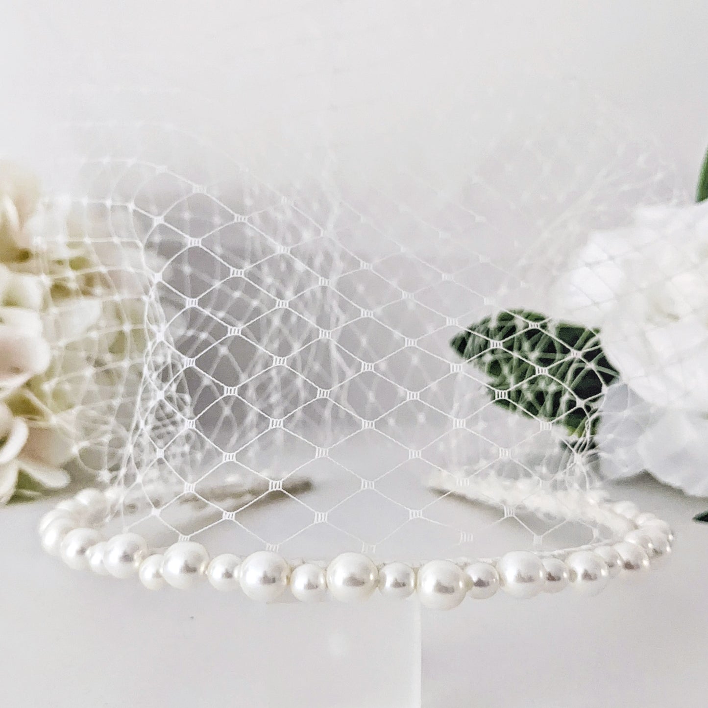 Pearl birdcage veil headband for weddings designed & handmade by Susie Warner.