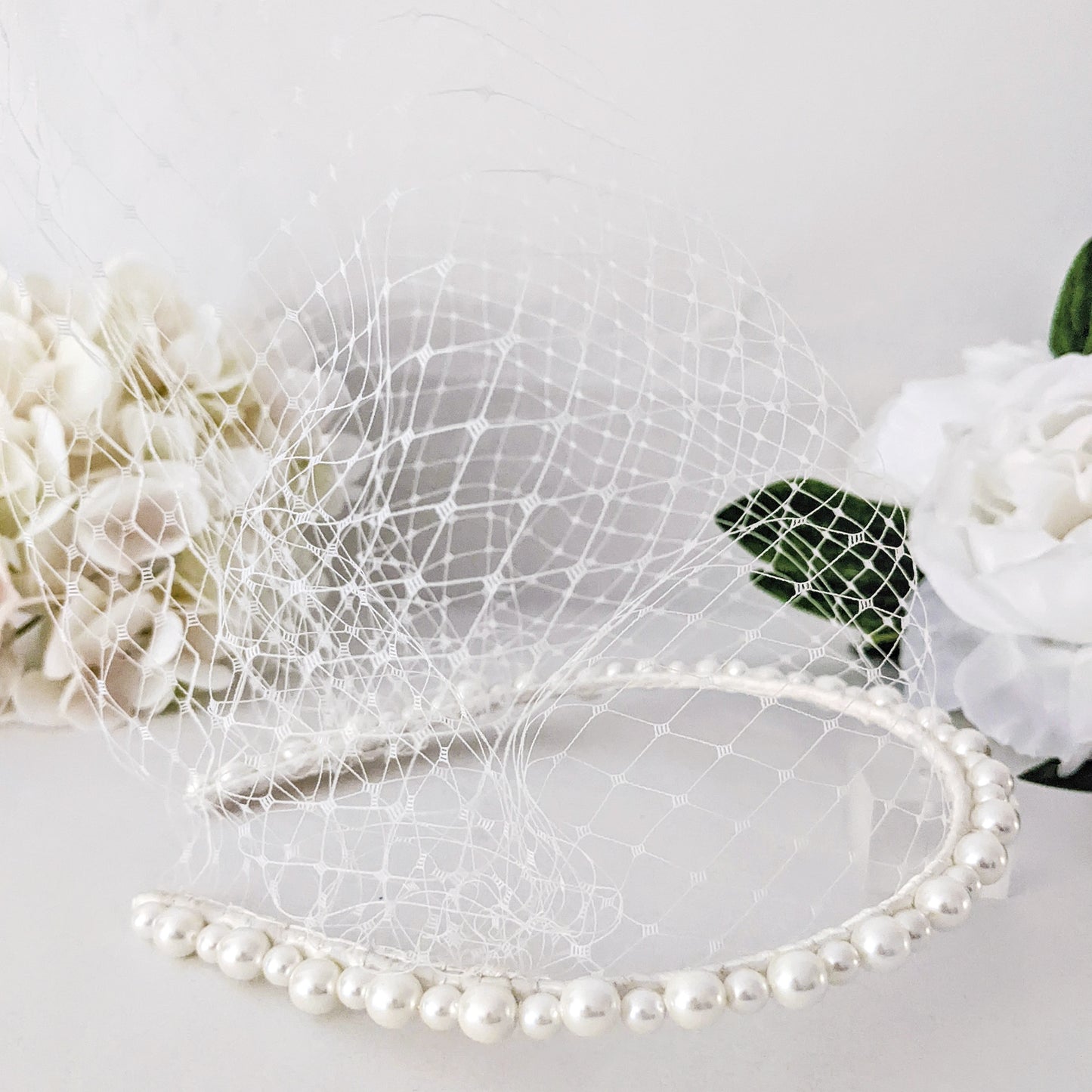 Modern Pearl birdcage veil headband for brides designed & handmade by Susie Warner.