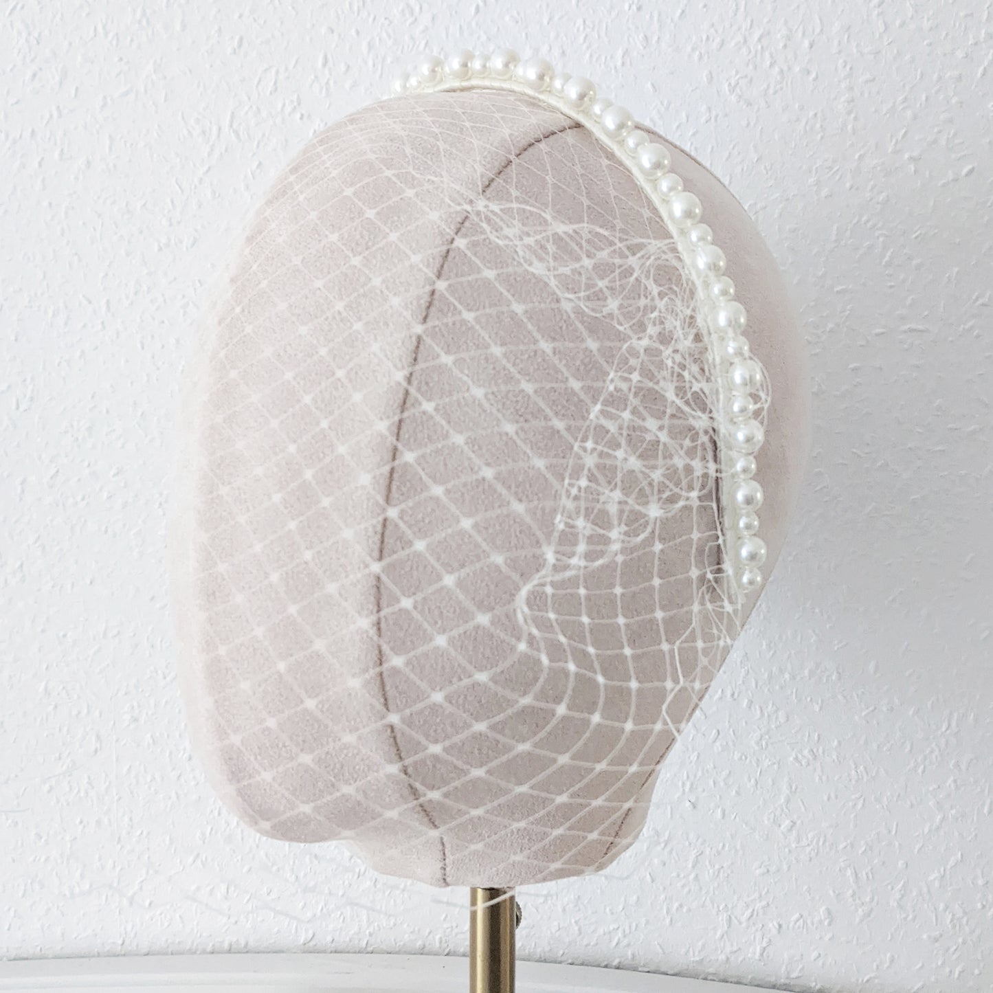Modern birdcage veil headband with pearls designed & handmade by Susie Warner.