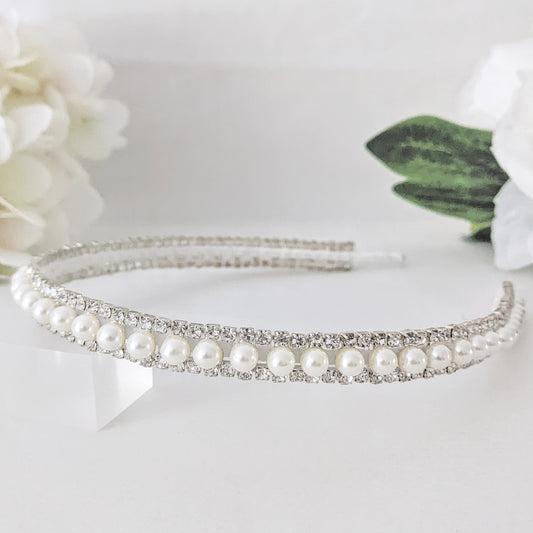 Pearl & crystal bridal headband for weddings designed & handmade by Susie Warner.
