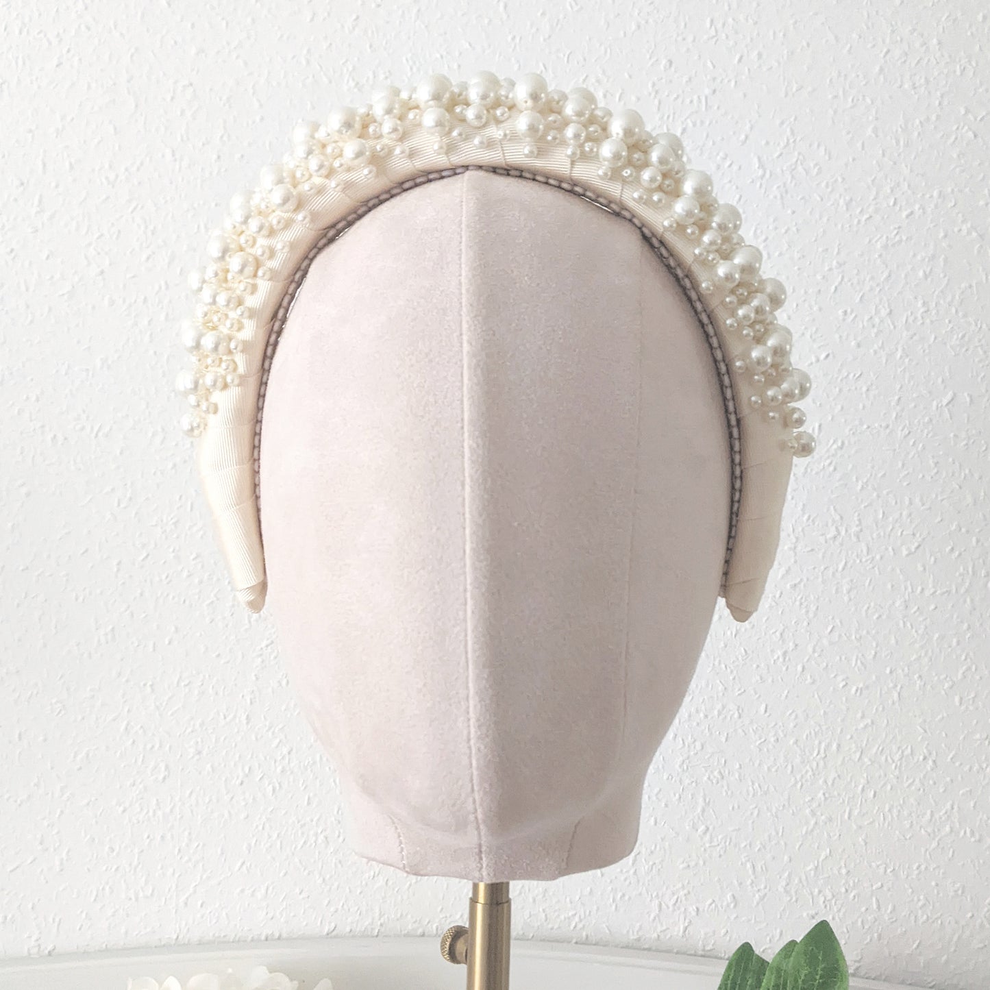 Large statement pearl padded headband for brides designed & handmade by Susie Warner.