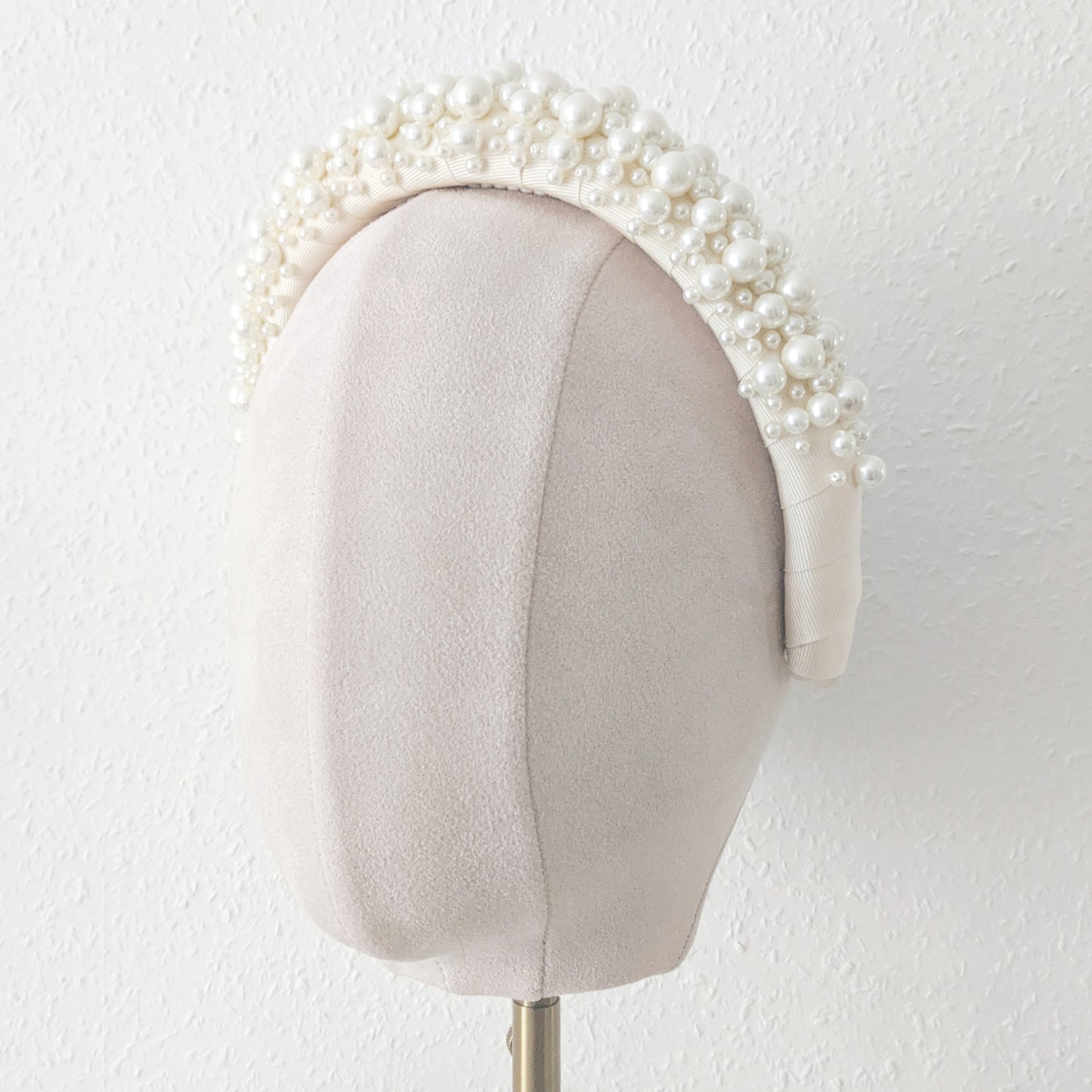 Statement pearl padded headband for weddings designed & handmade by Susie Warner.
