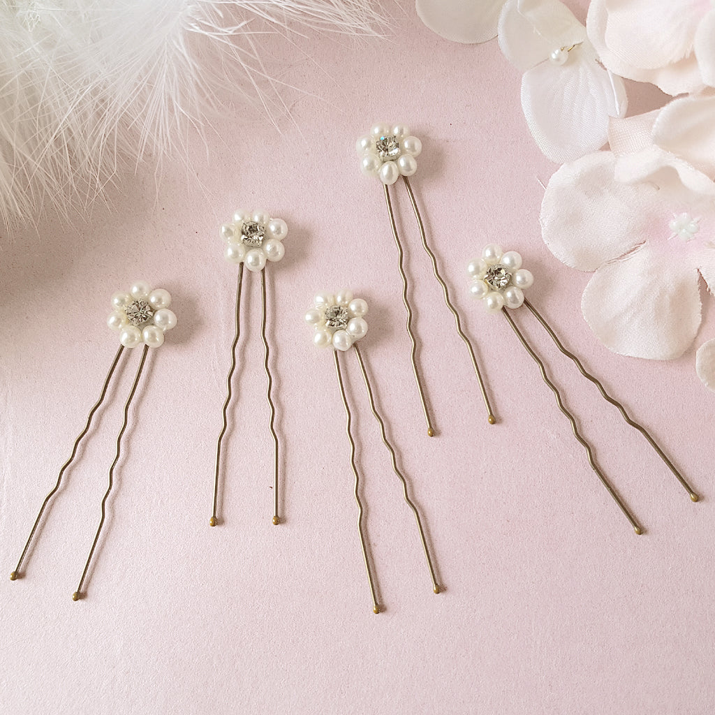 Daisy Freshwater Pearl & Crystal Flower Hair Pins