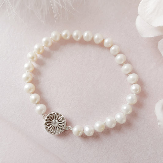 Pearl bracelet with decorative Silver CZ clasp designed & handmade by  Susie Warner Jewellery.