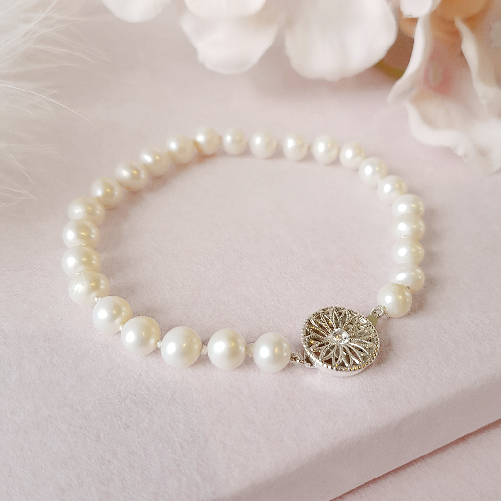 Pearl bracelet with decorative art deco Silver & CZ clasp - Susie Warner Jewellery