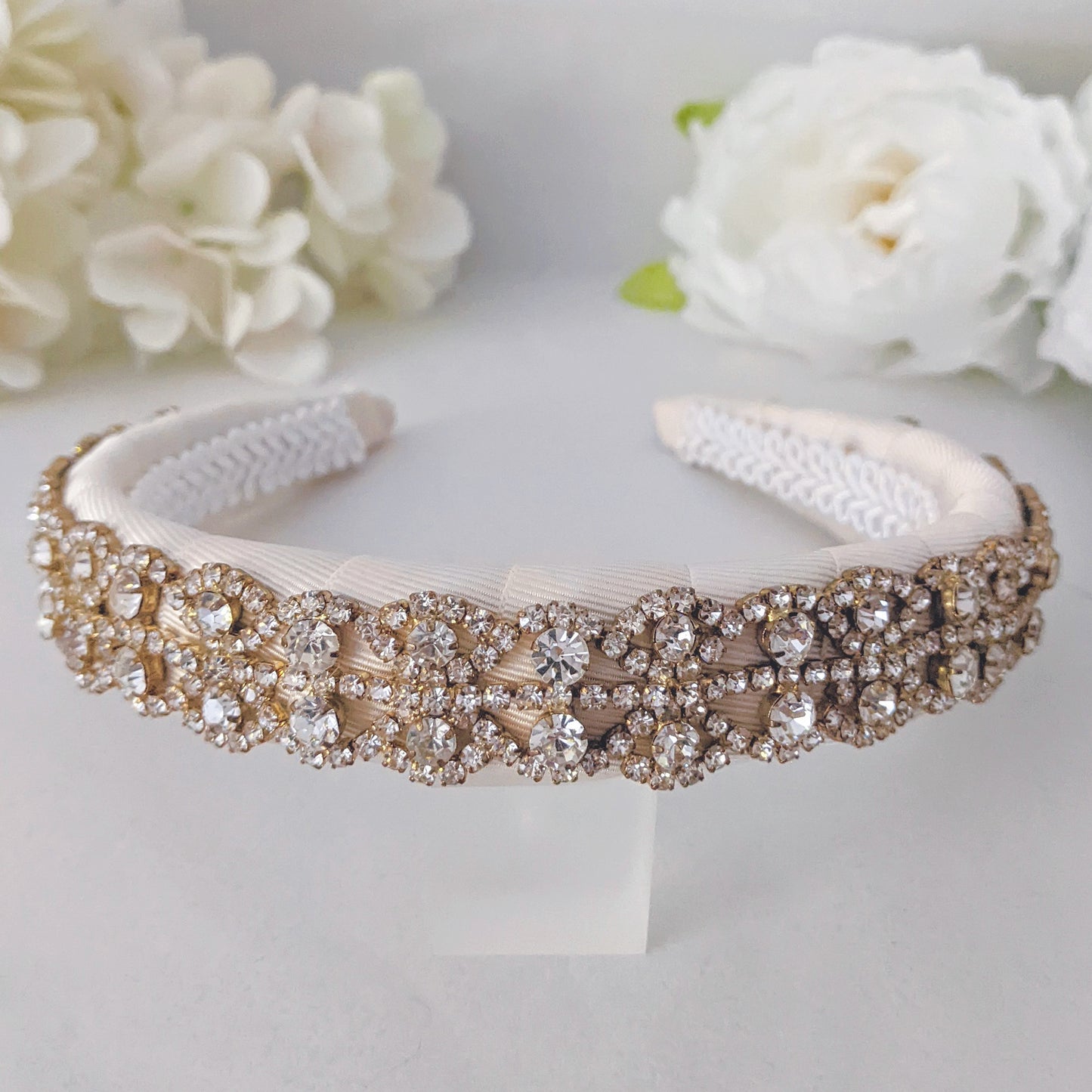 Statement gold vintage crystal bridal headband for weddings designed & handmade by Susie Warner.