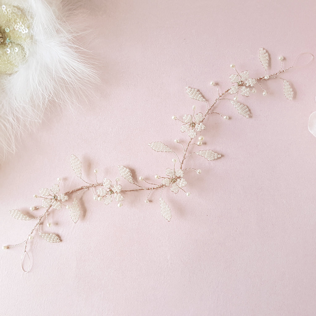 Statement hand beaded floral bridal hair vine for weddings designed & handmade by Susie Warner.