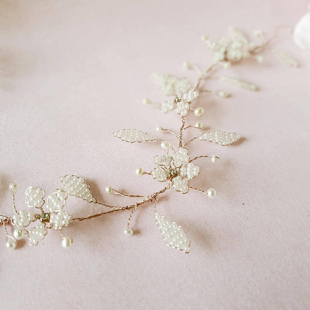 Floral bridal hair vine inspired by cherry blossom designed & handmade by Susie Warner.