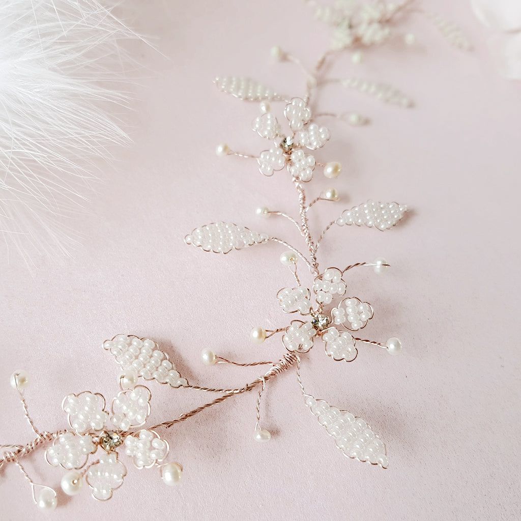 Statement modern floral hair vine for brides designed & handmade by Susie Warner.