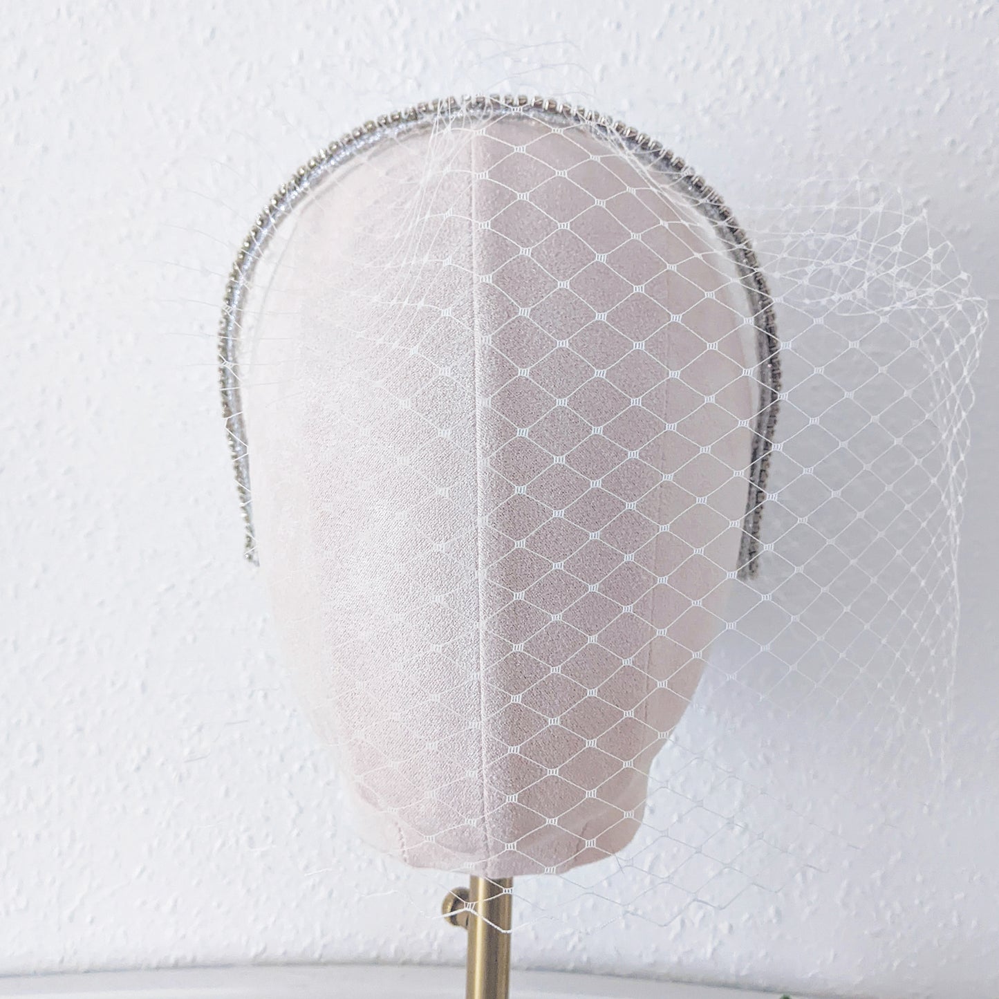 Modern birdcage veil headband designed & handmade by Susie Warner.
