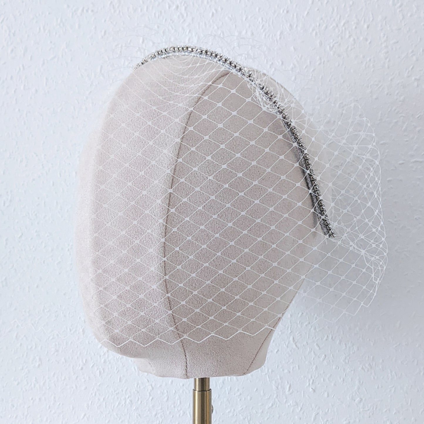 Modern crystal birdcage veil designed & handmade by Susie Warner.