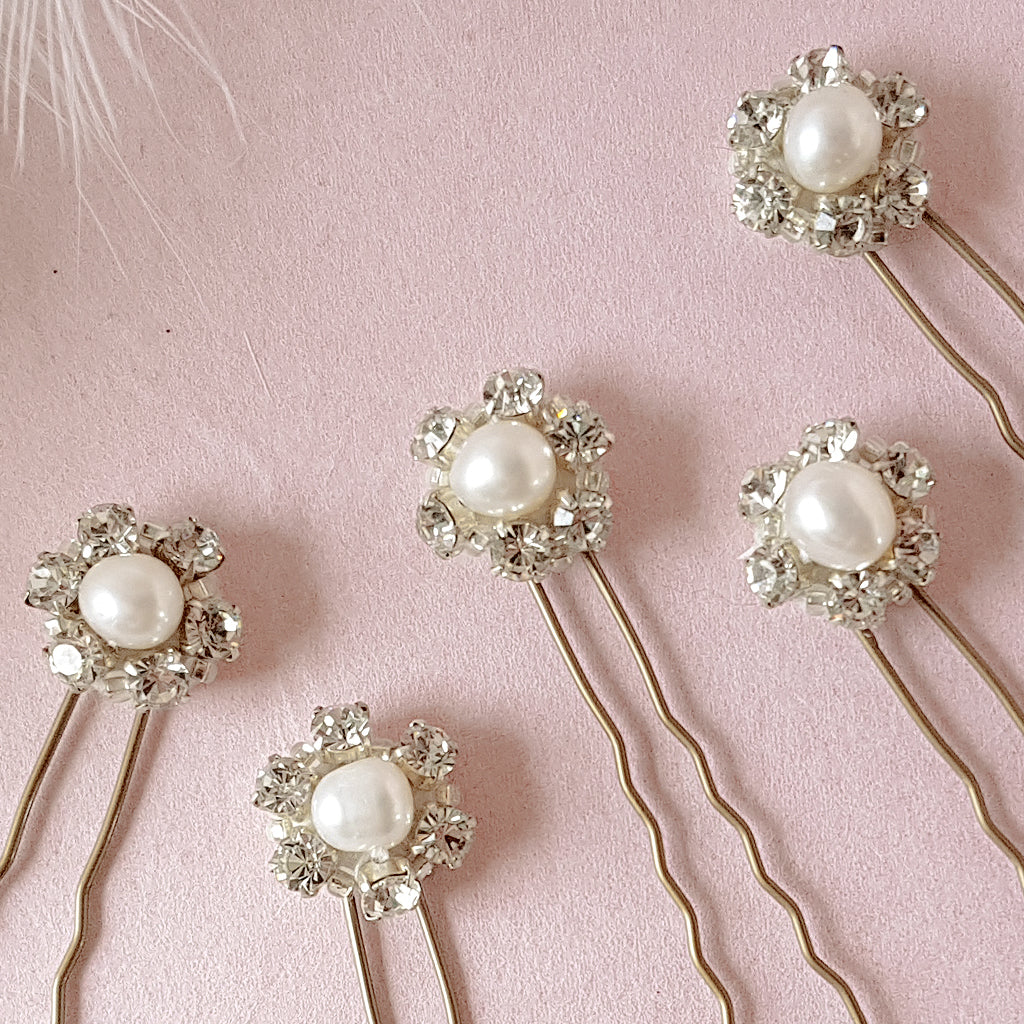 Milly Crystal & Freshwater Pearl Flower Hair Pins