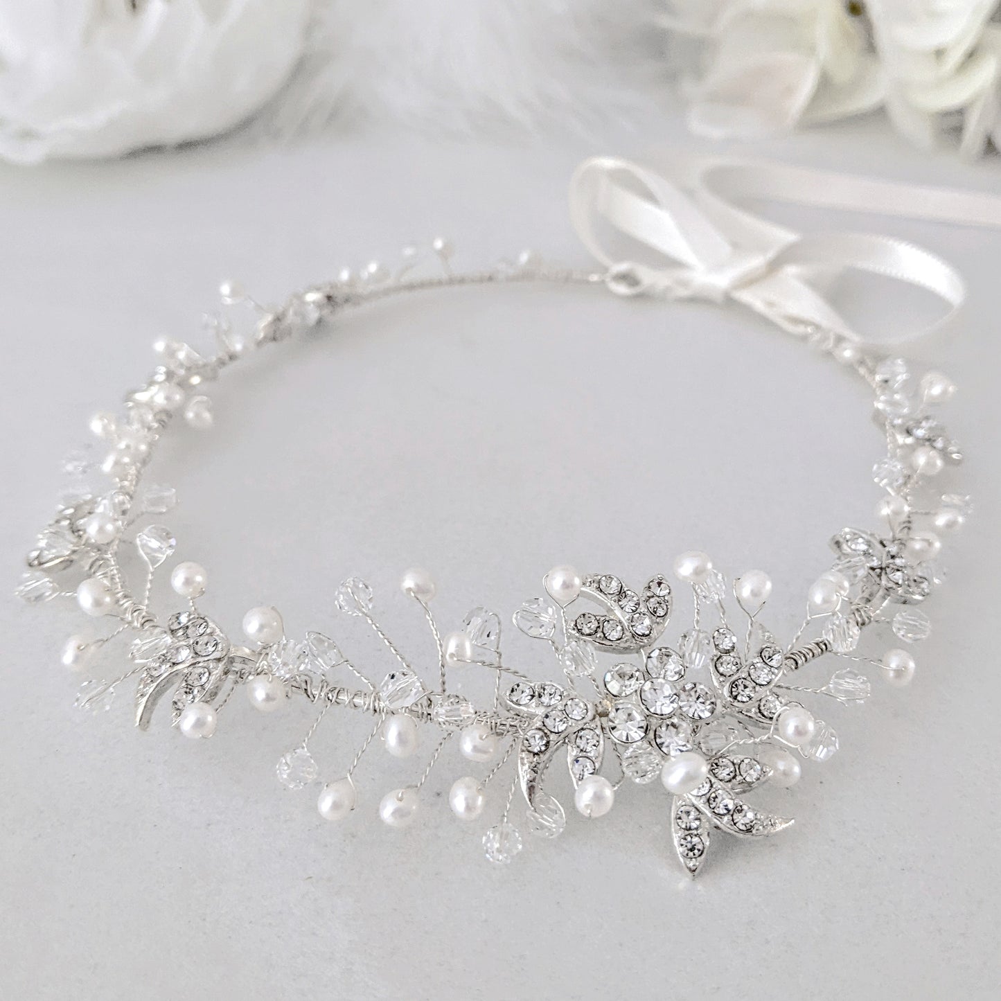 Passionate Crystal & Pearl Asymmetrical Flower Hair Vine