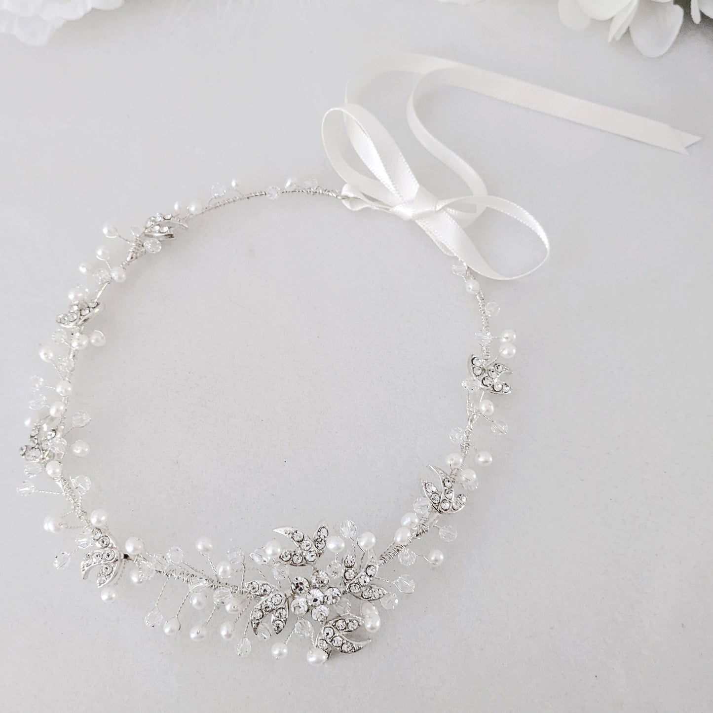 Passionate Crystal & Pearl Asymmetrical Flower Hair Vine