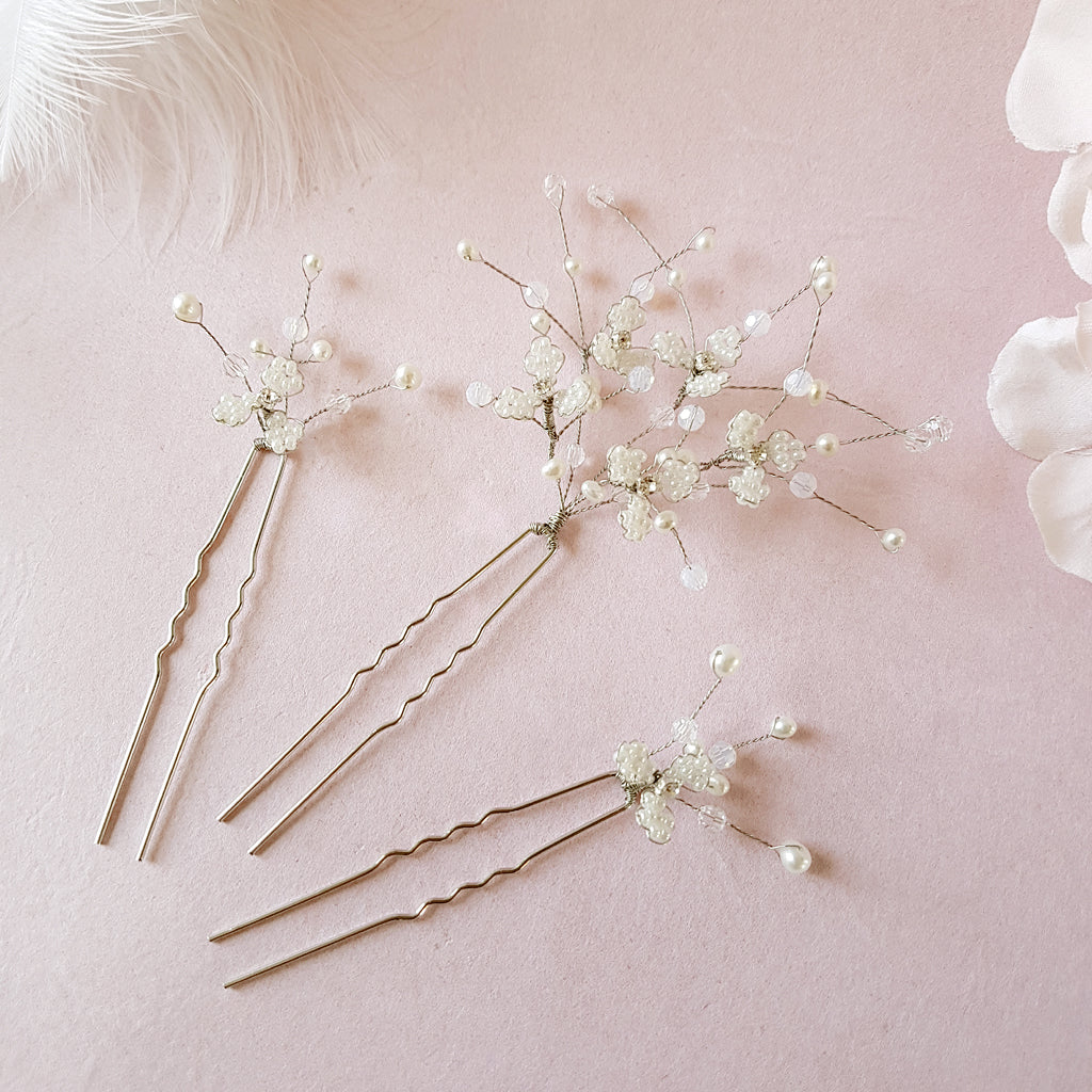 Titania Beaded Pearl Baby's Breath Hair Pins