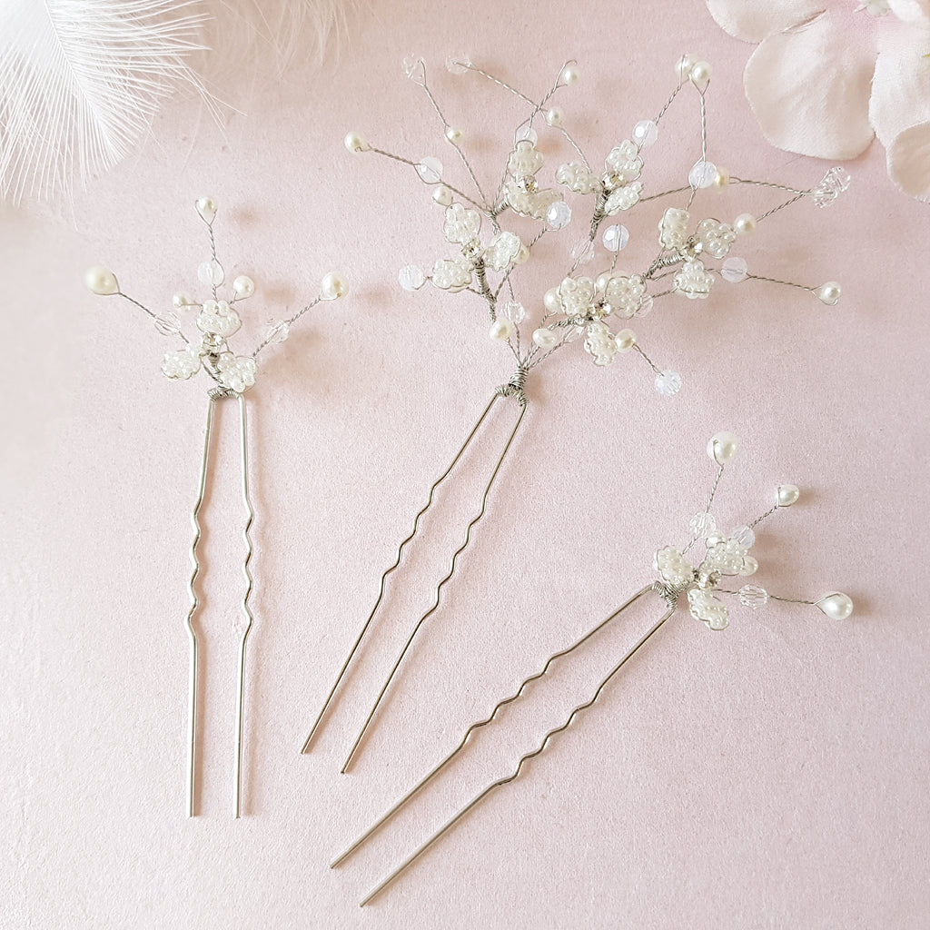 Titania Beaded Pearl Baby's Breath Hair Pins