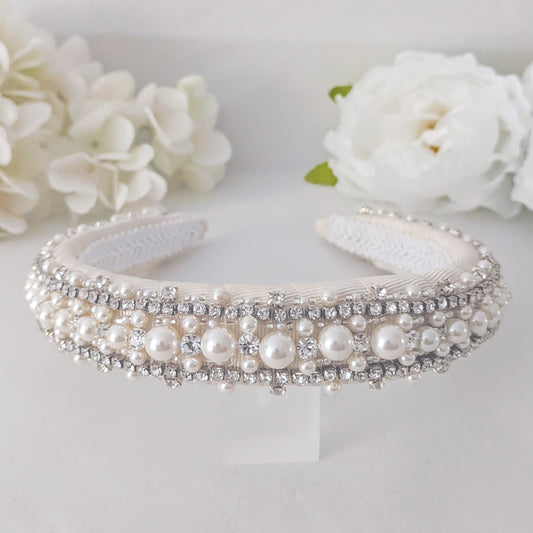 Statement modern pearl & crystal padded headband designed & handmade by susie warner.