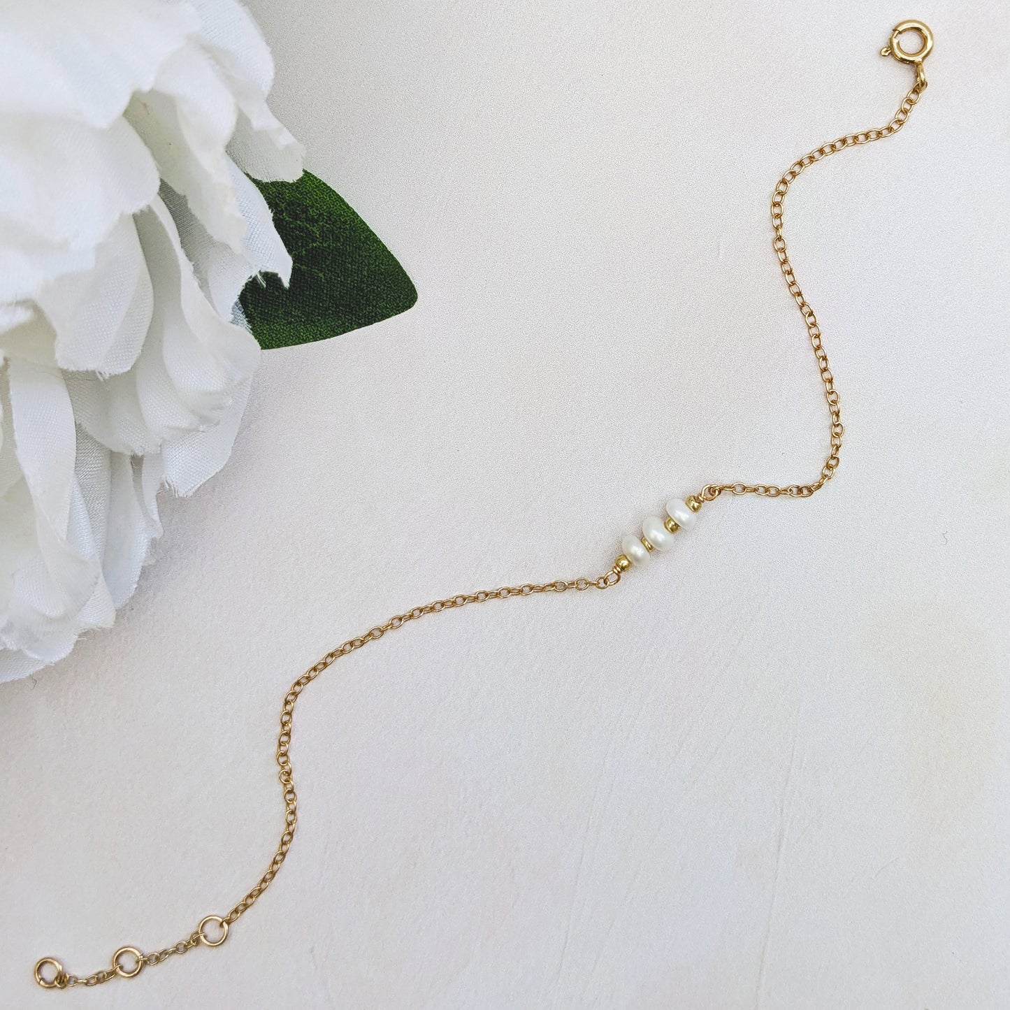 Gold chain bracelet with pearls for brides designed & handmade by Susie Warner.
