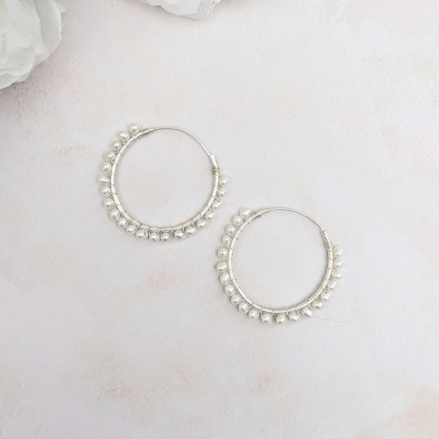 Pearl hoop earrings for brides designed & handmade by Susie Warner.