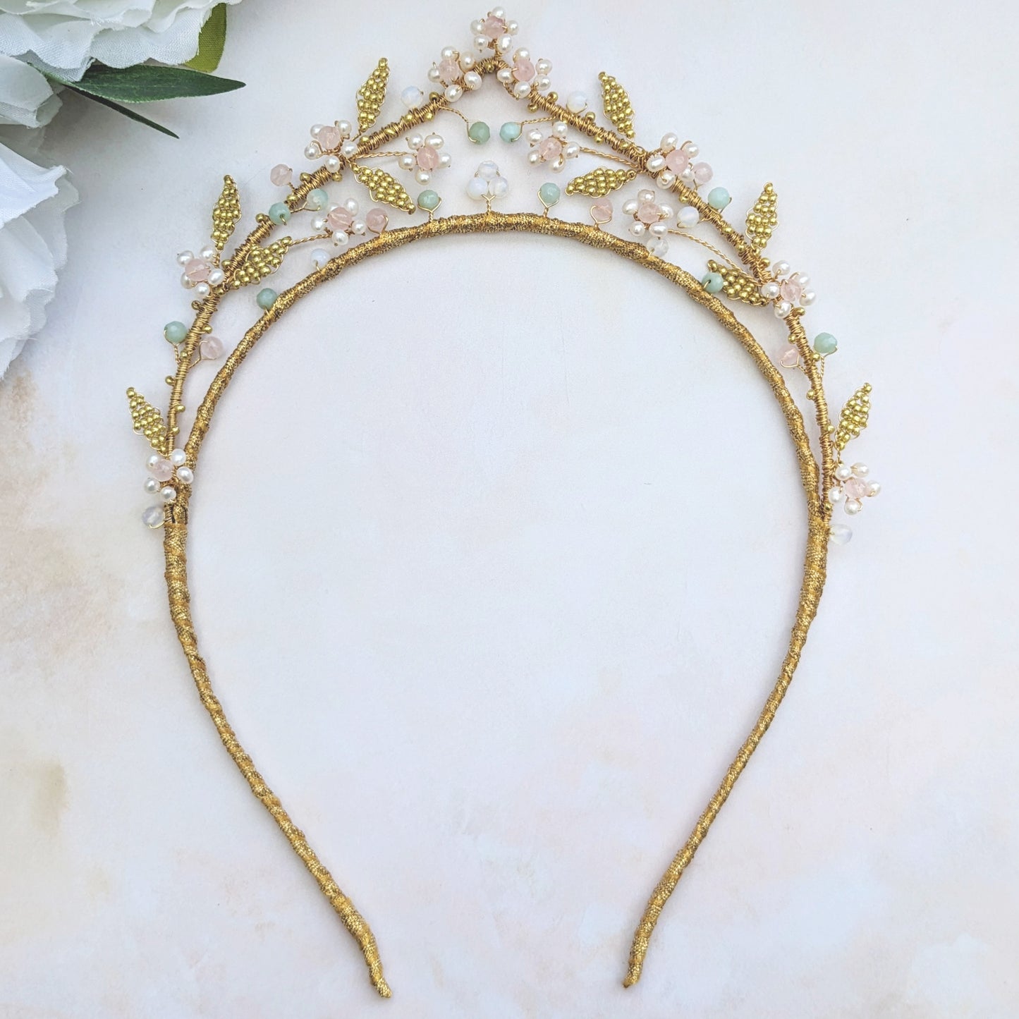 Gold leaf botanical tiara for weddings designed & handmade by Susie Warner.