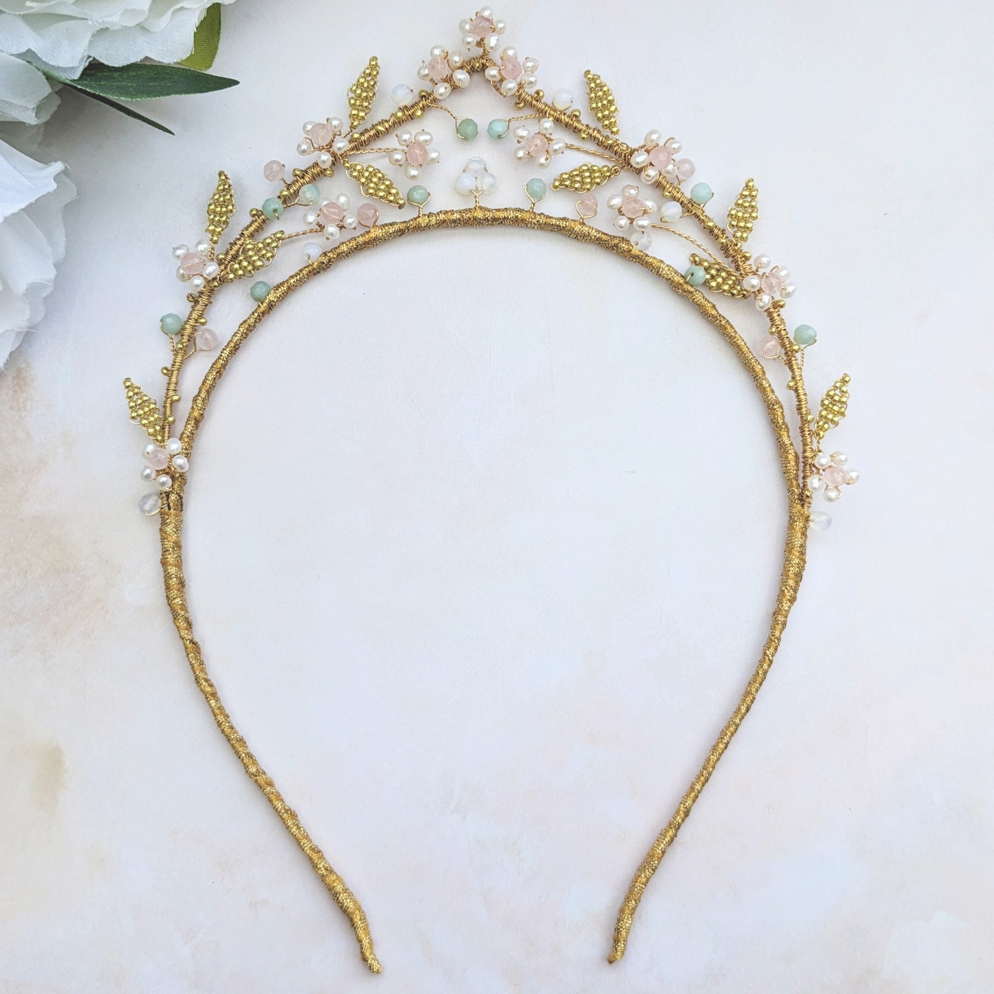 Gold leaf botanical tiara for weddings designed & handmade by Susie Warner.