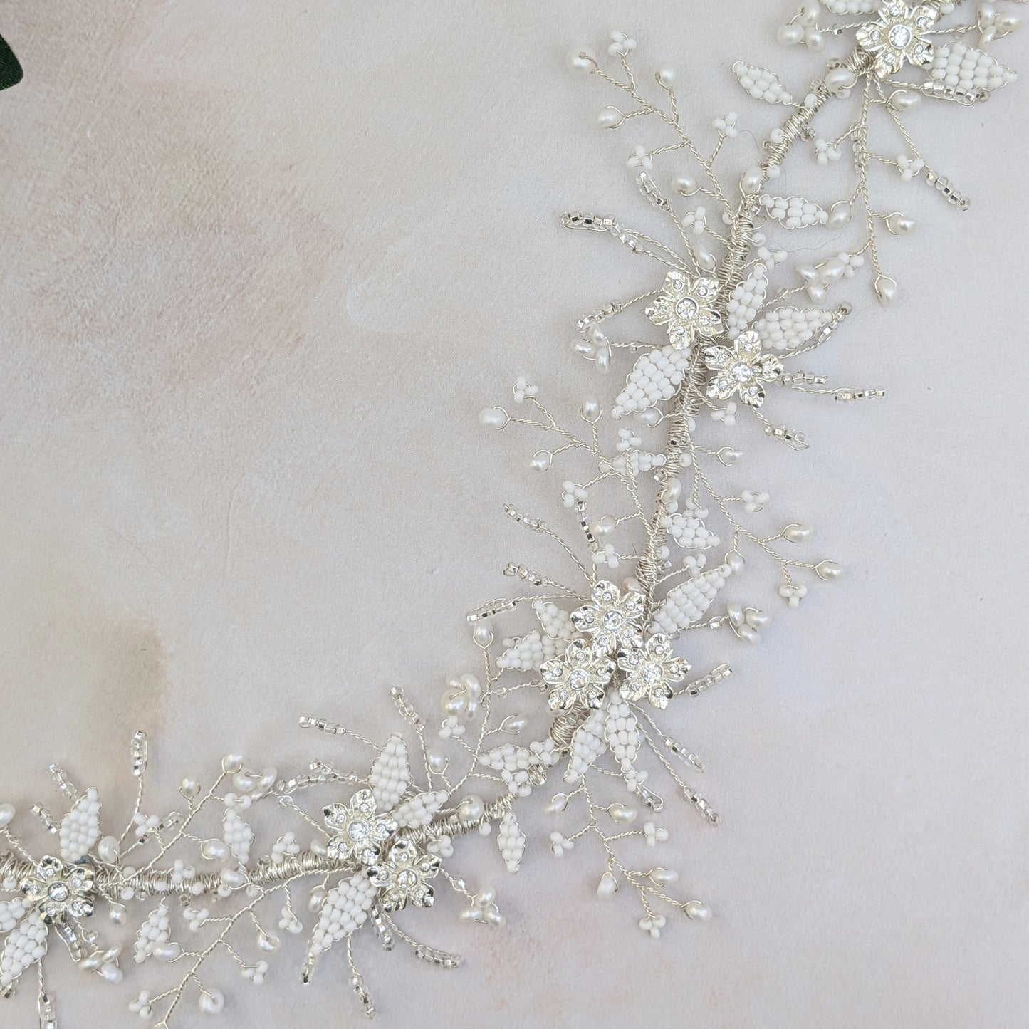 Silver floral hair vine bridal hairpiece designed & handmade by Susie Warner.