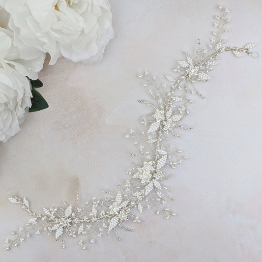 Silver floral hair vine headpiece designed & handmade by Susie Warner.