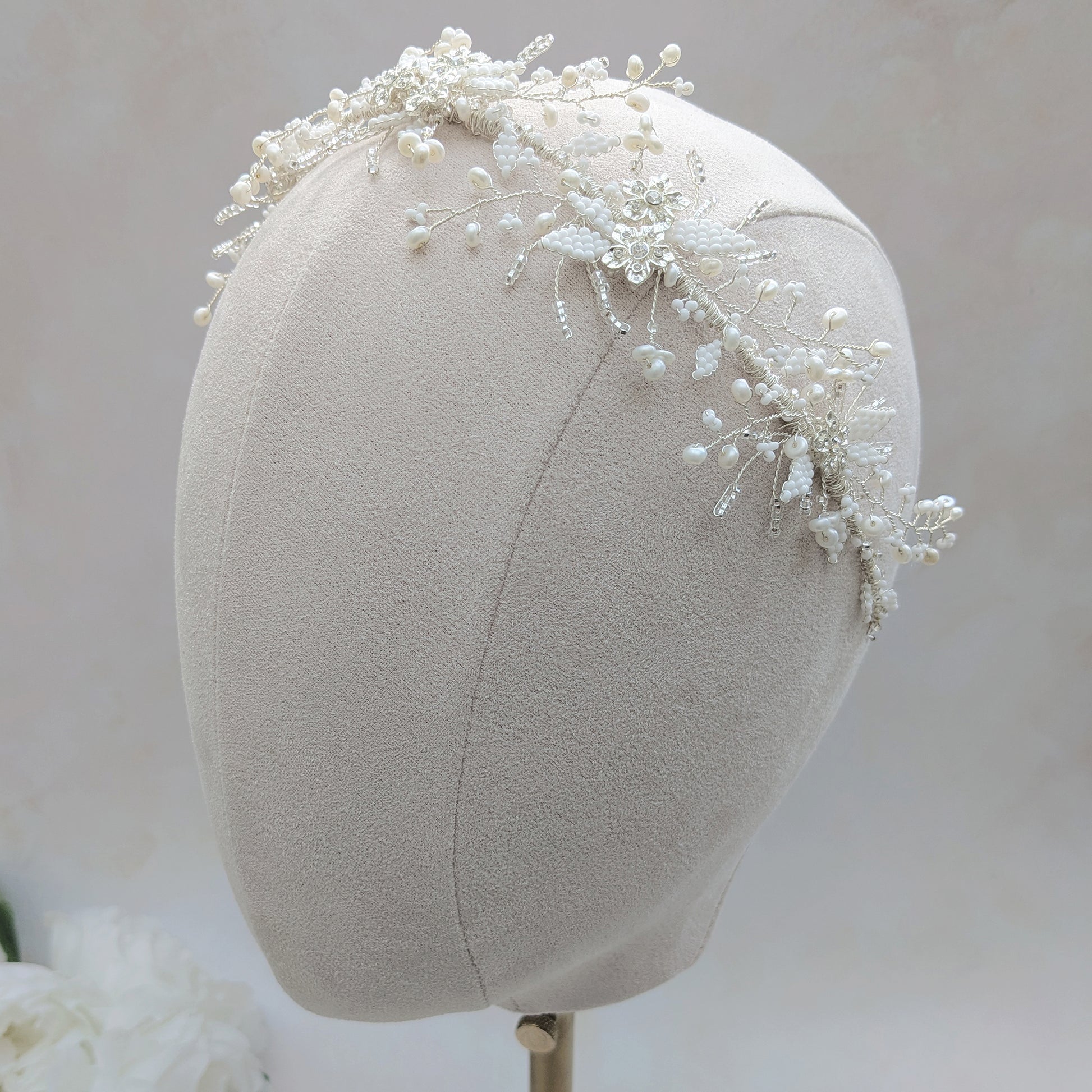 Silver floral hair vine headpiece with beaded leaves designed & handmade by Susie Warner.