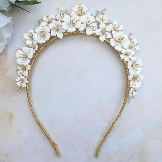 Hand sculpted clay flower tiara designed & handmade by Susie Warner.