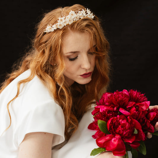 Statement headpiece with Hand Sculpted Clay Flowers designed & handmade by Susie Warner.