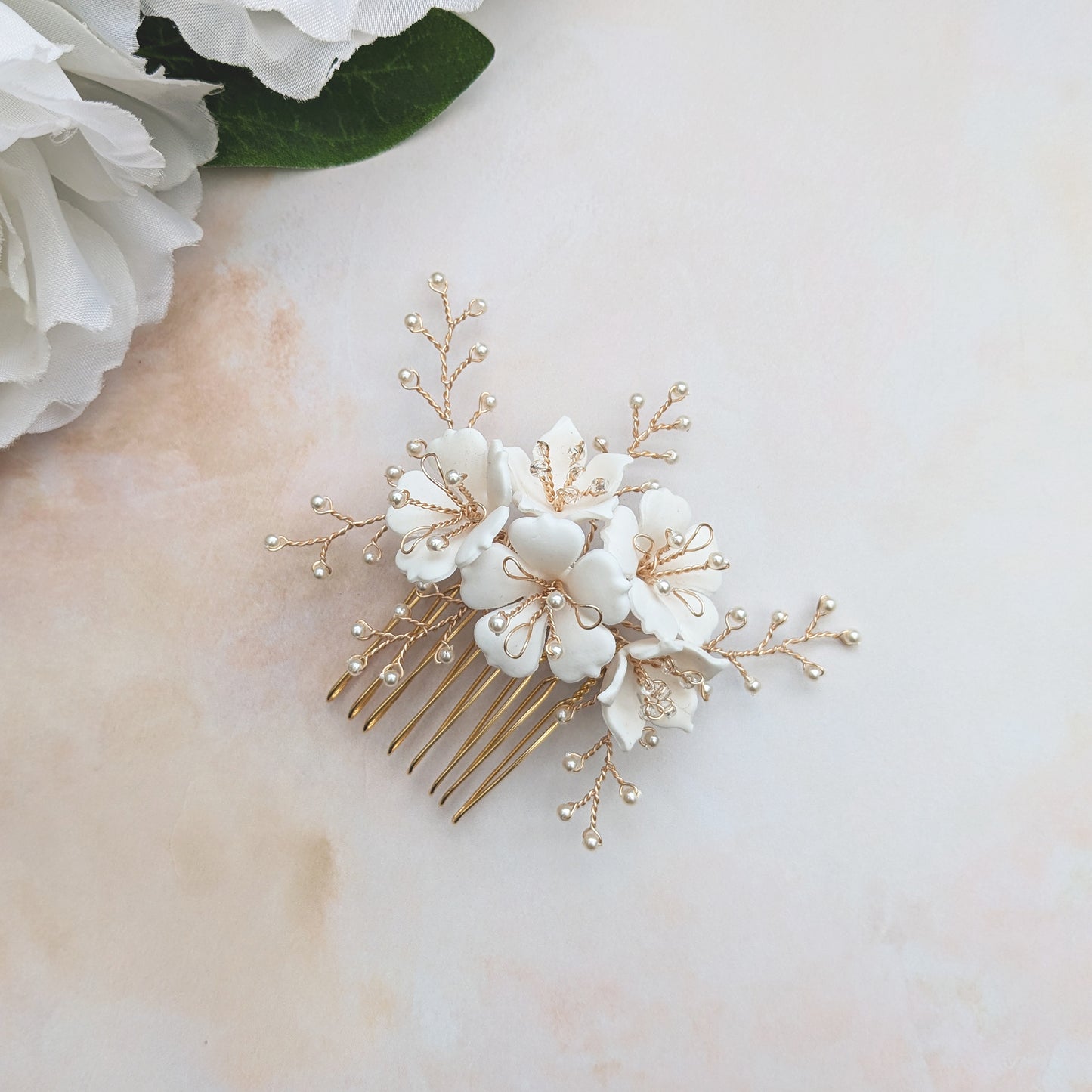 Modern floral hair comb for brides designed & handmade by Susie Warner.