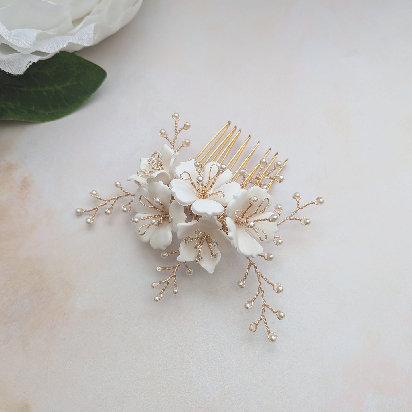 Modern floral bridal hair comb for weddings designed & handmade by  Susie Warner.