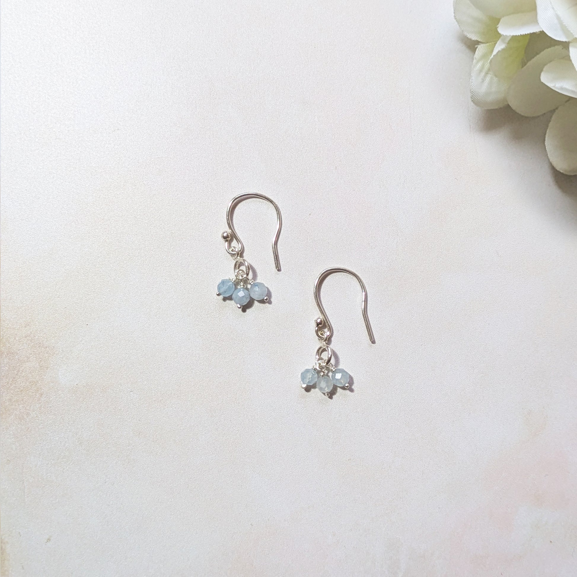 Pair of silver earrings with small Aquamarine gemstones on a light background.