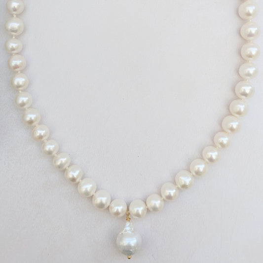 Pearl necklace with baroque pearl pendant for brides designed & handmade by Susie Warner.