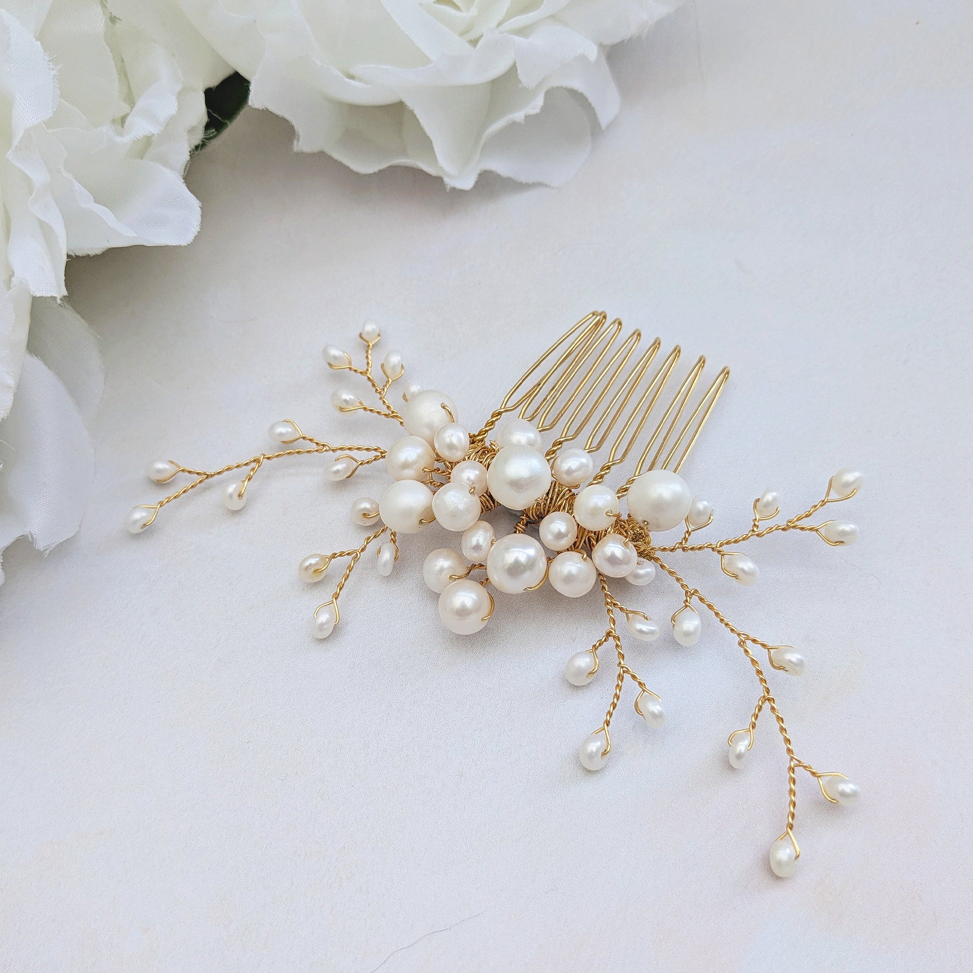 Pearl bridal hair comb for weddings designed & handmade by Susie Warner.