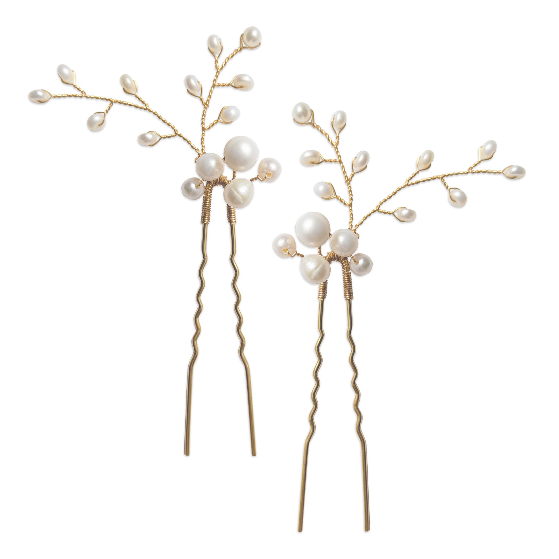 Gold freshwater pearl cluster hair pins for brides designed & handmade by Susie Warner.