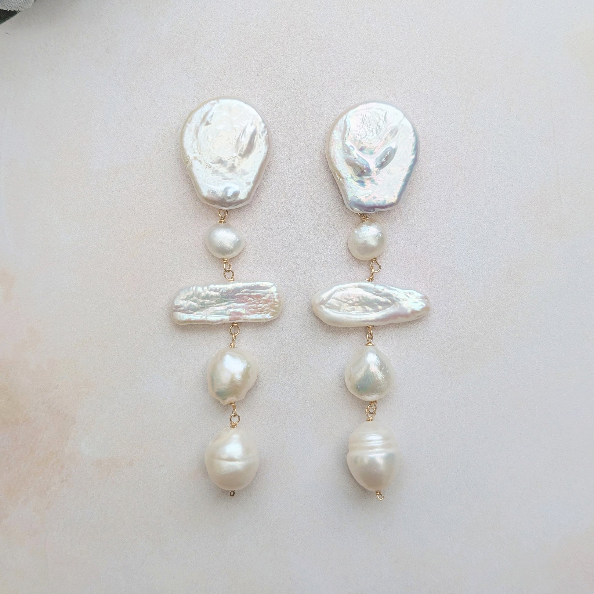 Statement gold pearl dangle earrings for brides designed & handmade by Susie Warner.
