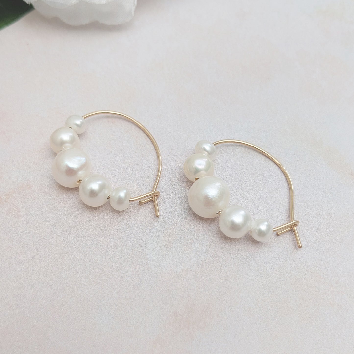 Statement freshwater pearl hoop earrings for brides designed & handmade by Susie Warner.