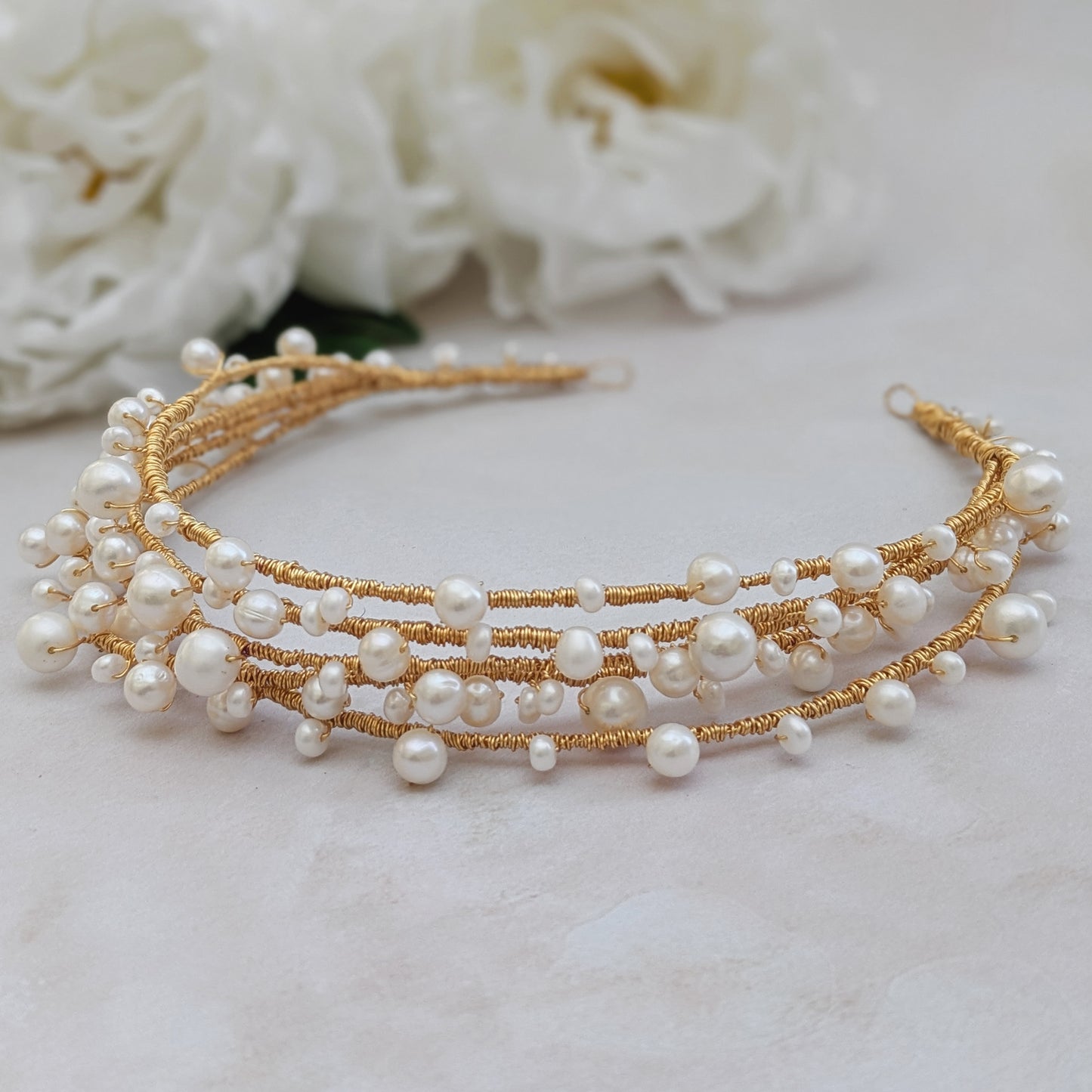 Layered Freshwater Pearl headpiece for modern brides designed & handmade by Susie Warner.