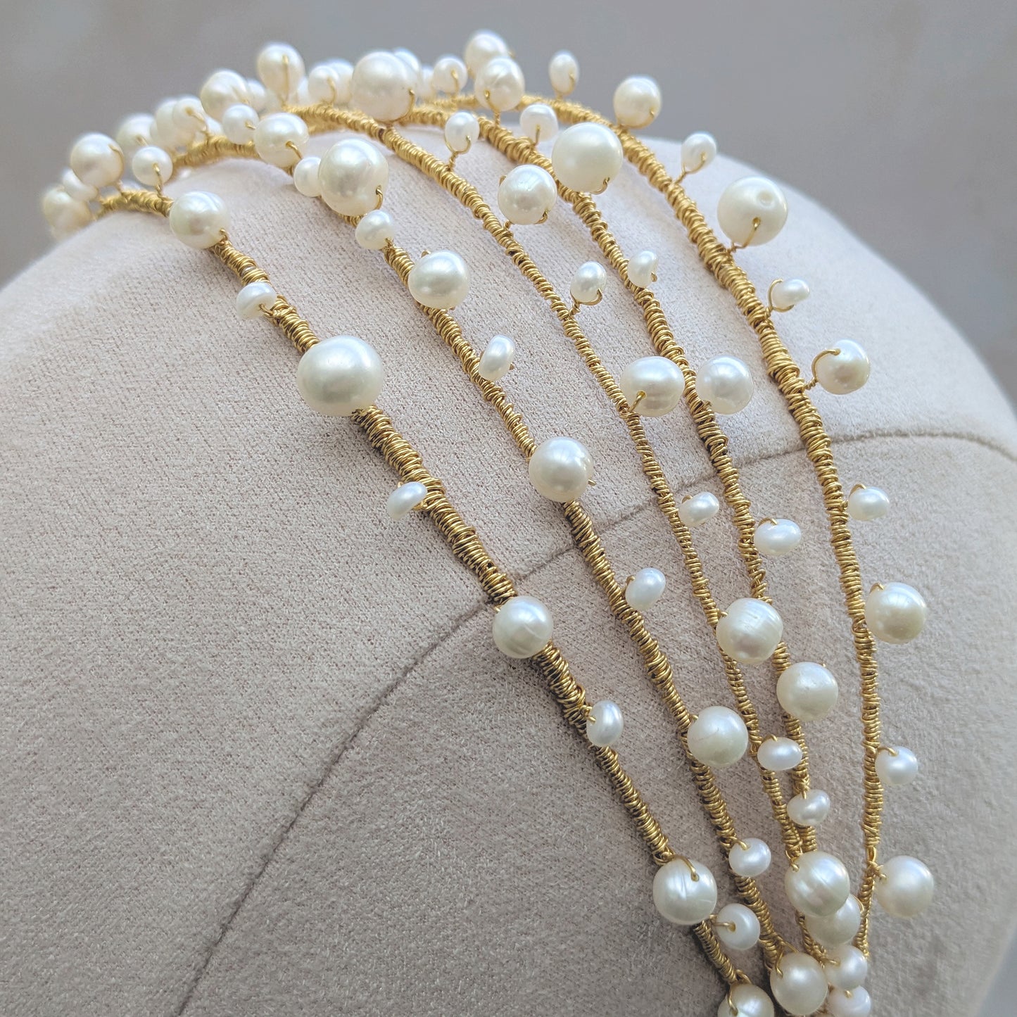 Detail of Layered Freshwater Pearl headpiece for modern brides designed & handmade by Susie Warner.