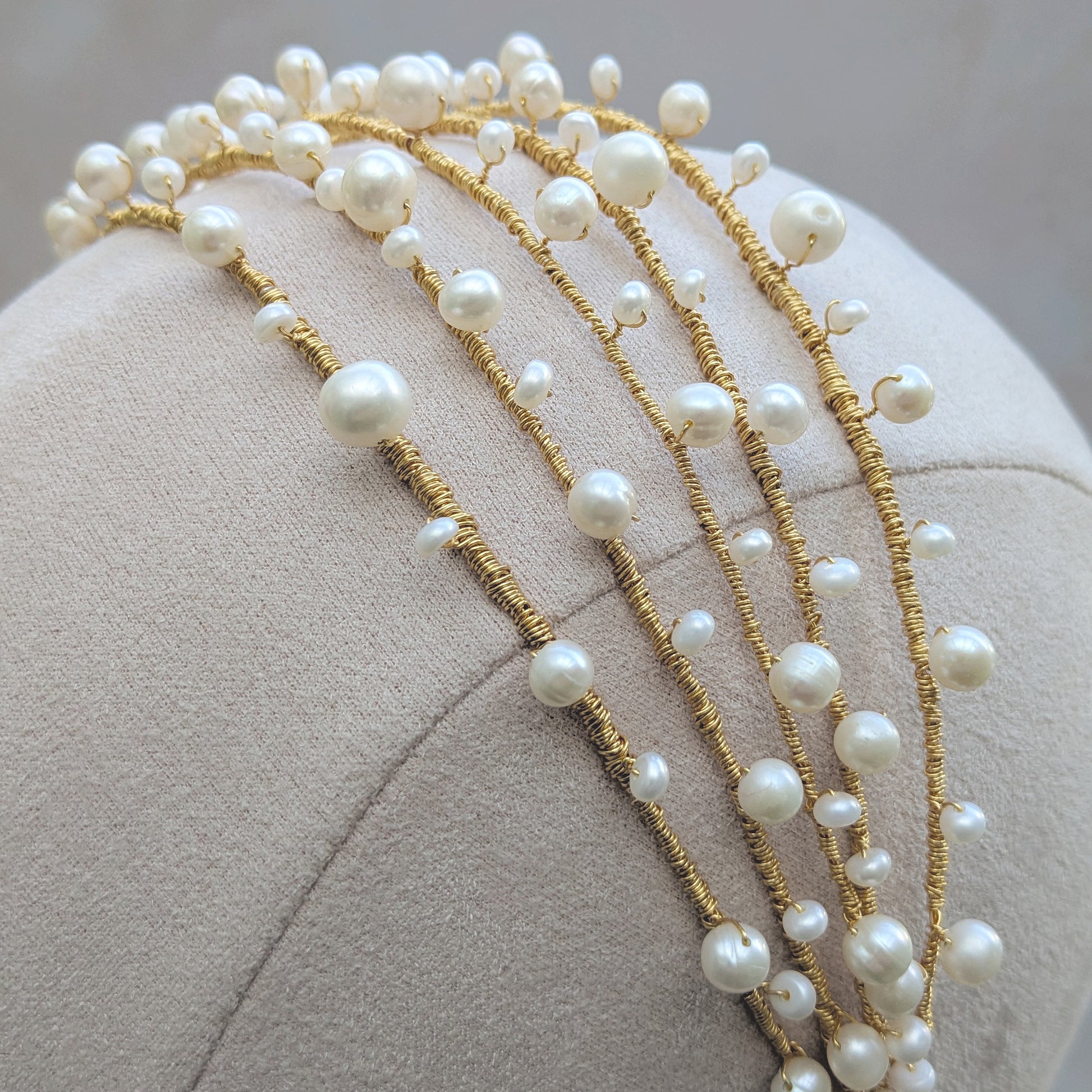 Detail of Layered Freshwater Pearl headpiece for modern brides designed & handmade by Susie Warner.