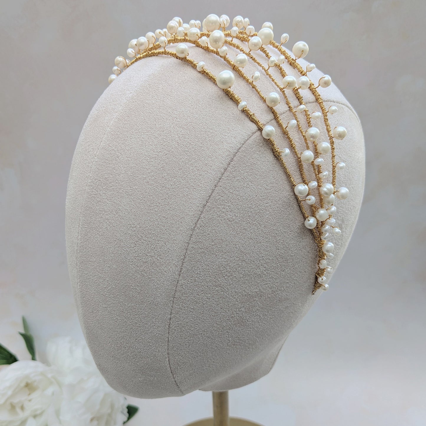 Multi strand Freshwater Pearl headpiece for modern brides designed & handmade by Susie Warner.