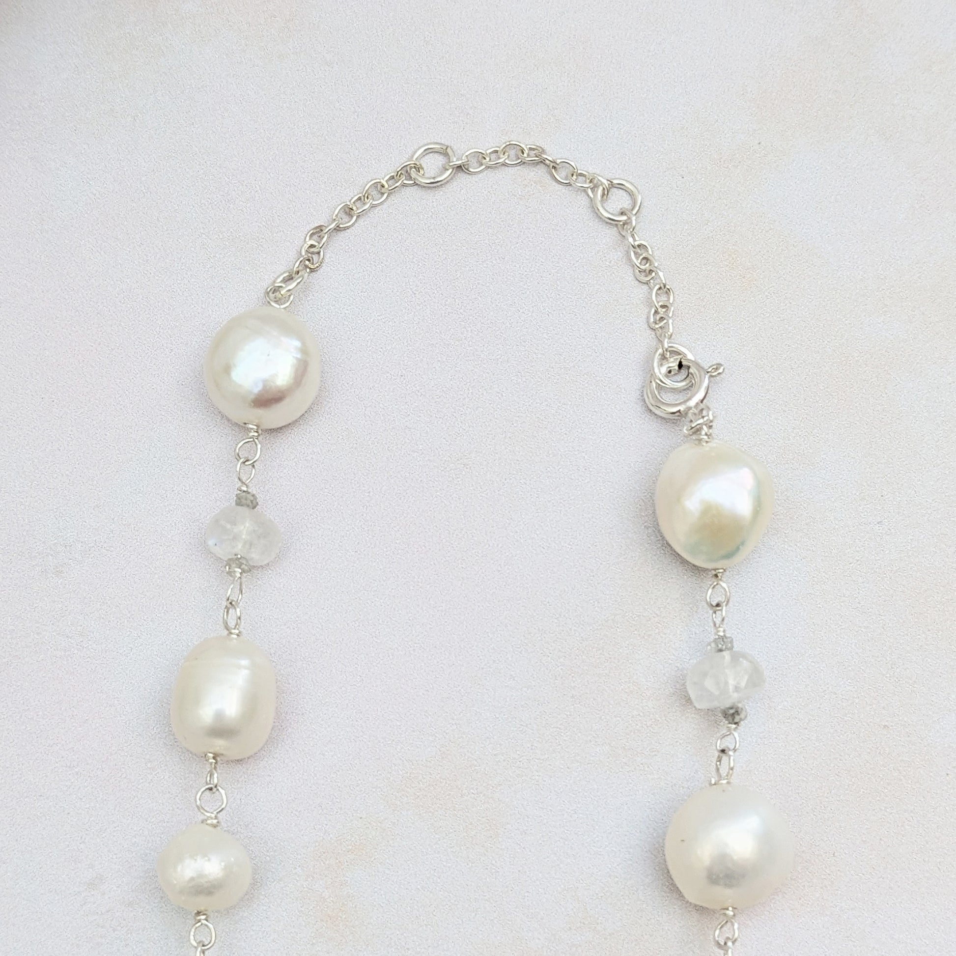 Adjustable statement pearl, moonstone & diamond nugget necklace for brides designed & handmade by Susie Warner.