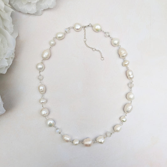 Statement pearl, moonstone & diamond nugget necklace for brides designed & handmade by Susie Warner.