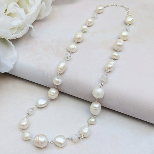 Statement organic pearl, moonstone & diamond nugget necklace for brides designed & handmade by Susie Warner.